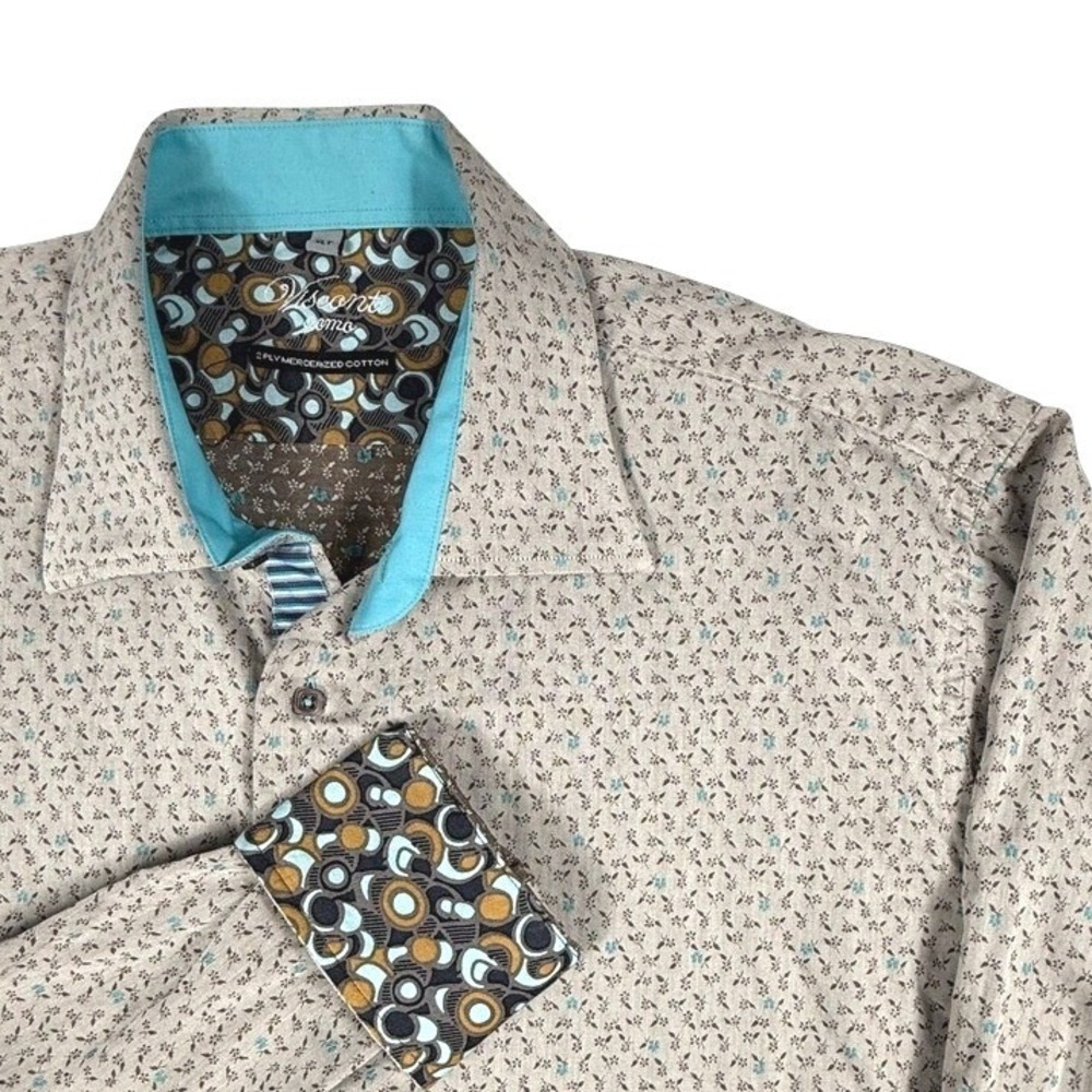 Visconti Uomo Mens XLT Floral Micro Print 2-Ply Mercerized Cotton Shirt Tan Blue